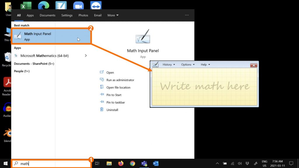 how to use microsoft math input panel